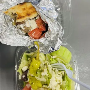 To-go gyro and salad (purchased two) came with drinks.