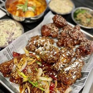 Signature 3 Flavors Fried Chicken , TOPOKKI , Cabbage mix, Macaroni Salad , Gimmal