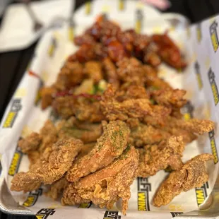 a tray of fried food on a table