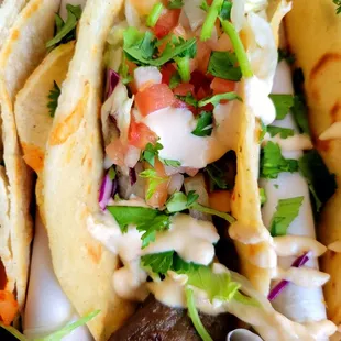 Close-up of the Mexican steak taco. It has Chipotle mayo in it.