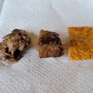 Left to right: bulgogi beef, Mexican steak, and fish cake.