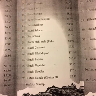 a menu for a restaurant with prices