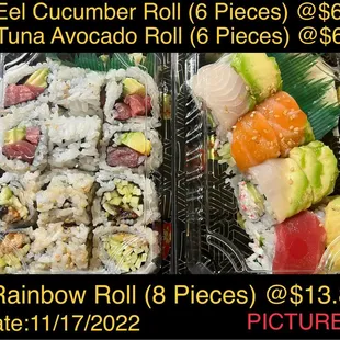 SUSHI, Eel and Cucumber Roll, Tuna and Avacado Roll, Rainbow Roll, Kyoto Restaurant