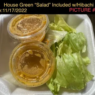 House Green "Salad" included with Hibachi, Only a few pieces of iceberg lettuce, NOT an actual "salad"