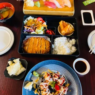 Sushi sashmi combo lunch special; pork katsu bento box; Crazy Angel roll