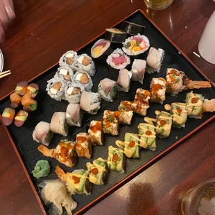 Rolls from left to right and top to bottom - Hurricane, Philadelphia, Ghent, Mackerel special, Moon Beach  and King Cobra