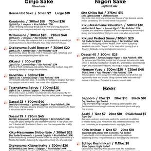 Ginjo Sake, Nigori Sake, Japanese Beer.