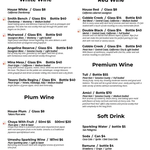 White, Red, Plum Wine, Soft Drinks.