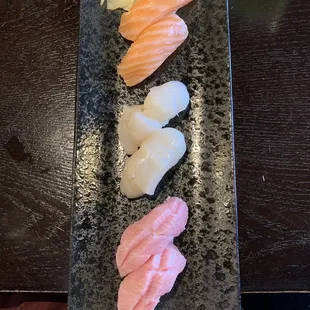 Sushi: Salmon (Sake), Scallop (Hotate) &amp; Fatty Tuna (Toro Maguro)