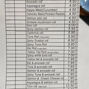Menu as of March 2024