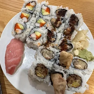 California roll, eel roll, spider roll, toro sushi