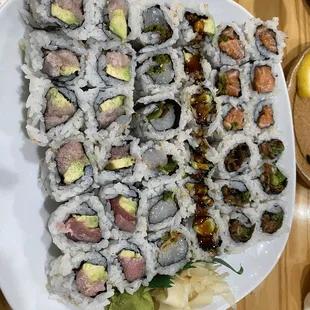 Sushi rolls:  salmon skin, salmon, tuna avocado, scallop