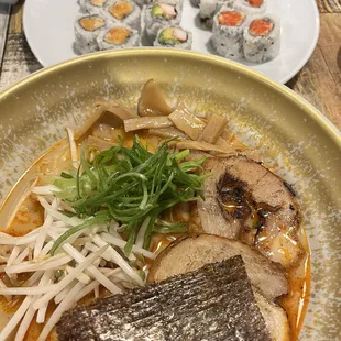 #4 Ramen California roll, spicy tuna, spicy salmon rolls