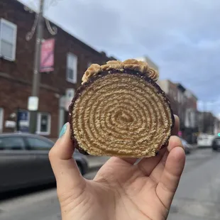 a hand holding a piece of cake