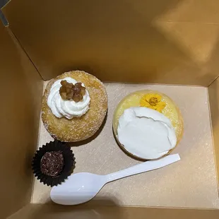 Donut, lime tart and chocolate ball