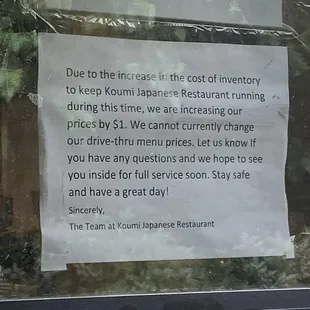 Menu notice