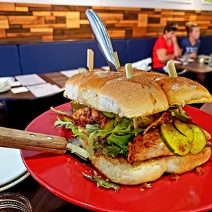 Cake Stand Sliders (Chicken)- Buttermilk brined chicken with pickles, roasted tomato &amp; malt vinegar. HUGE!