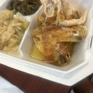 Baked chicken, cabbage and greens.