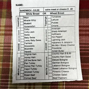 Sandwich order sheet