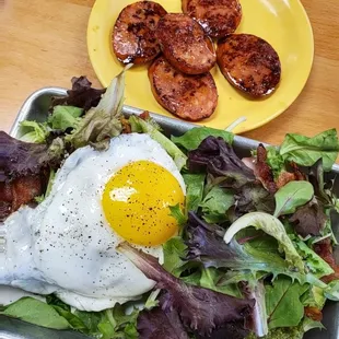 Avocado Bacon Bagel with Portuguese Sausage on the side