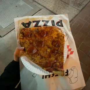 a person holding a piece of pizza