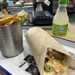 My Signature Bobby Gyro, fries, and lemon drink