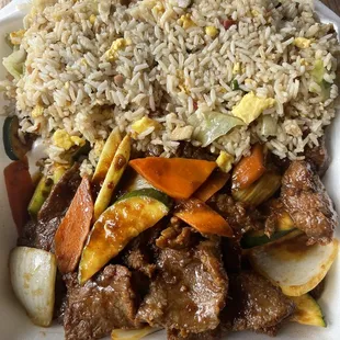 Special lunch plate. Mongolian beef with pork fried rice.