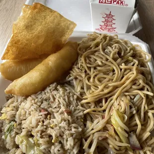 Combination plate A. Pork chow mein, fried shrimp, pork fried rice, and fried wonton. They also gave a dipping sauce on the side.