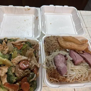 Broccoli chicken over noodles (on left). Fried shrimp dinner plate with noodles and fried rice.