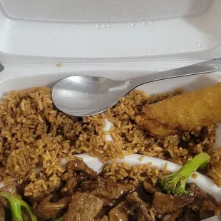 Beef &amp; broccoli with fried rice &amp; egg roll
