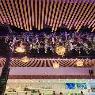 Behind the counter and the ceiling decor