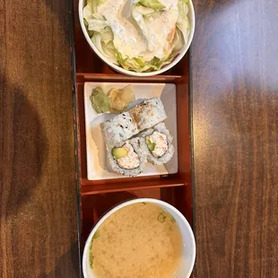 1st part bento box with salad, miso soup, and California roll