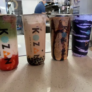 Spooky Thai,  Taro Wave,  Strawberry Matcha, Classic Milk Tea