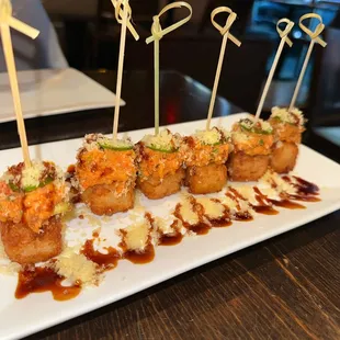 Spicy tuna crispy rice skewers