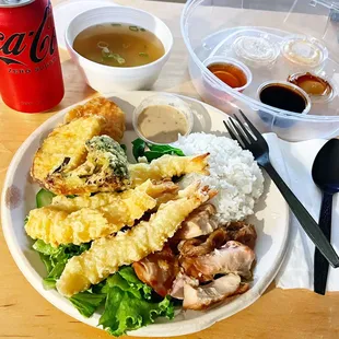 My 3-item combo to go. But the lid made my tempura soft, not crunchy. Was still good. But next to go order, I won&apos;t order anything fried.
