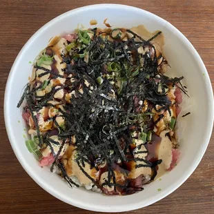 "Dirty Bowl" spicy ahi bowl with unagi sauce drizzled on