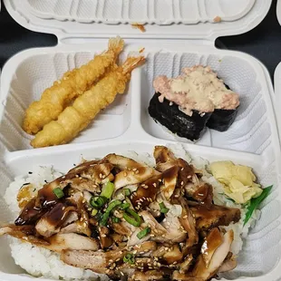 2 choice combo w/ Teri chicken Don, shrimp tempura &amp; spicy ahi nigiri...