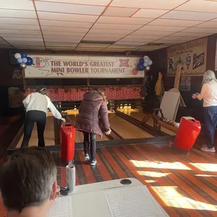 My daughter Michelle ready to throw a strike, mini bowling lanes 16 feet long!