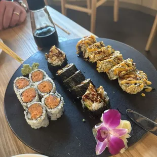 Left to right: spicy tuna, spider roll, fried spicy salmon roll
