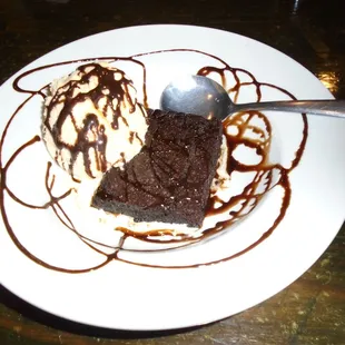 Warm brownie with vanilla ice cream.