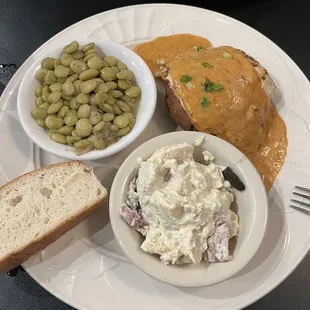 Flounder with crab cake, Lima beans, potato salad.