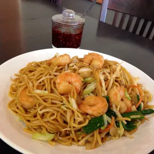 Shrimp chow mein and my fave hot sauce ever!