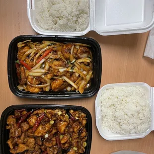 Family Kung Pao chicken and Family Thai Basil shrimp with white rice