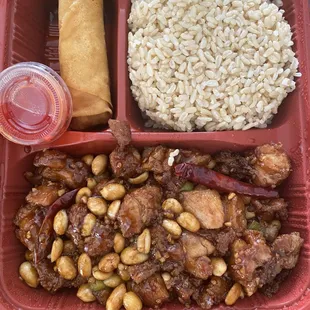 9/21/23 (thu): Lunch Special Kung Pao Chicken w/ eggroll, brown rice &amp; crispy cucumber salad. My fav!! Sooo good!