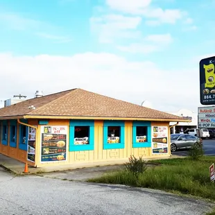 a blue and yellow building