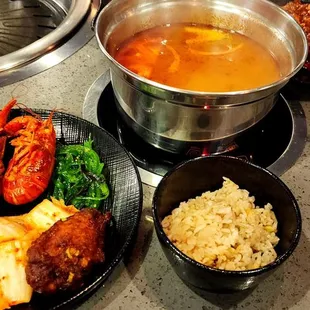 Tom Yum Soup, Spring Roll, Crawfish and Fried Rice.