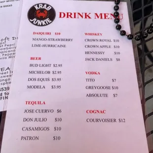 Drink menu