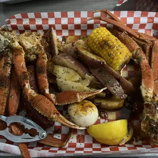 Crab, potatoes, egg, sauce, corn and butter melted all over with some lemons. This was done with their &apos;original spice&apos; flavor.