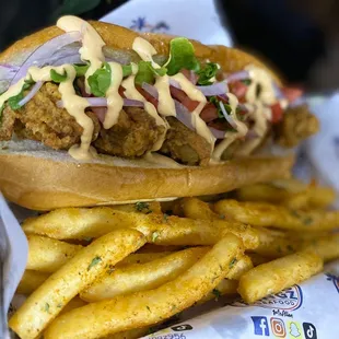 a chicken sandwich and french fries