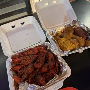 Crawfish with Cajun seasoning, order of potatoes, corn and sausage.